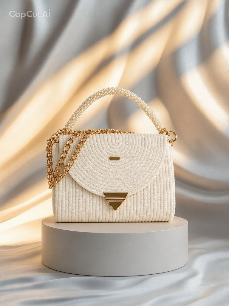 Imagen de un bolso blanco con asa de perlas cierre metálico dorado y cadena extraíble dorada