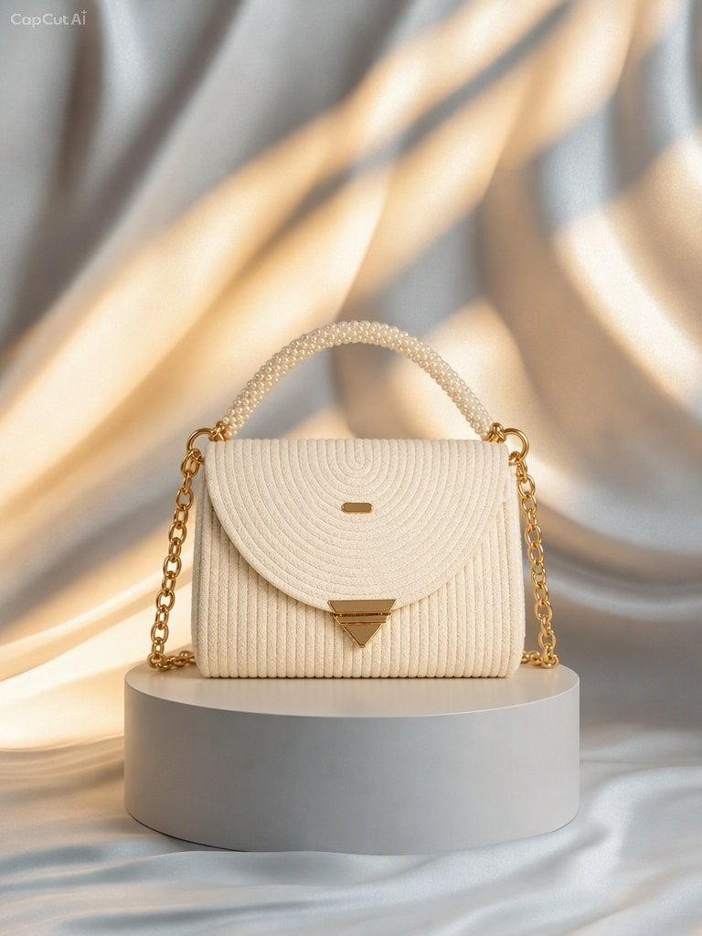 clutch artesanal con cadena dorada extraíble, asa de perlas y cierre metálico dorado.