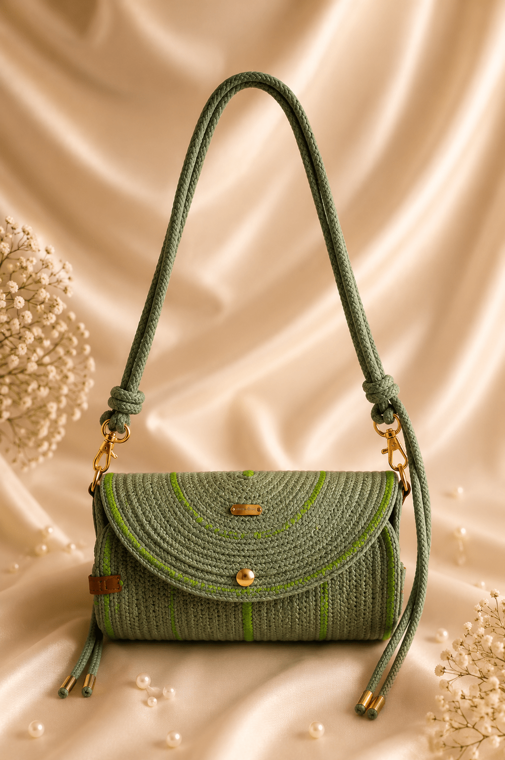  Bolso artesanal aura verde de cuerda de algodón con correa larga y detalles verdes 