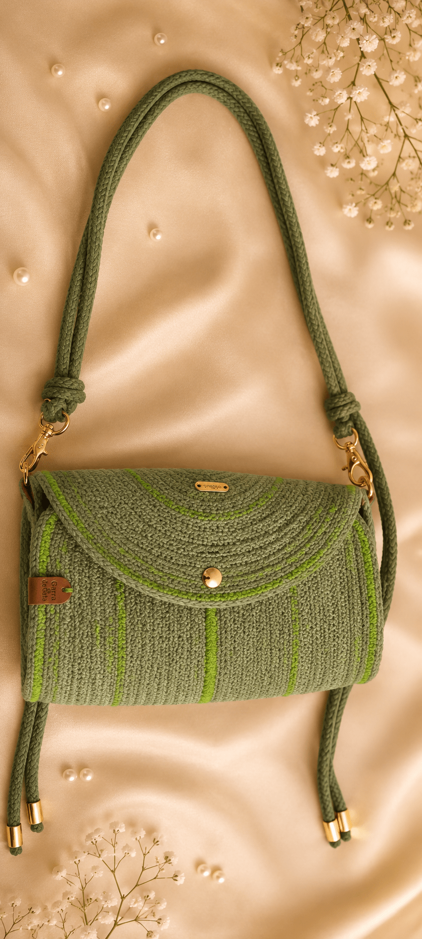 bolso aura verde con detalles dorados asas de cuerda ajustable foto de bolso en fondo acentinado y detalles dorado 