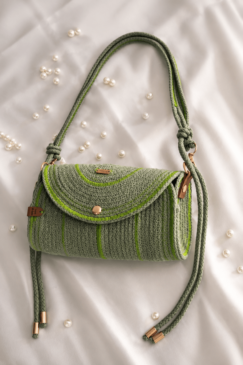 bolso aura verde artesanal de cuerda de algodón con solapa y correa larga ajustable 
