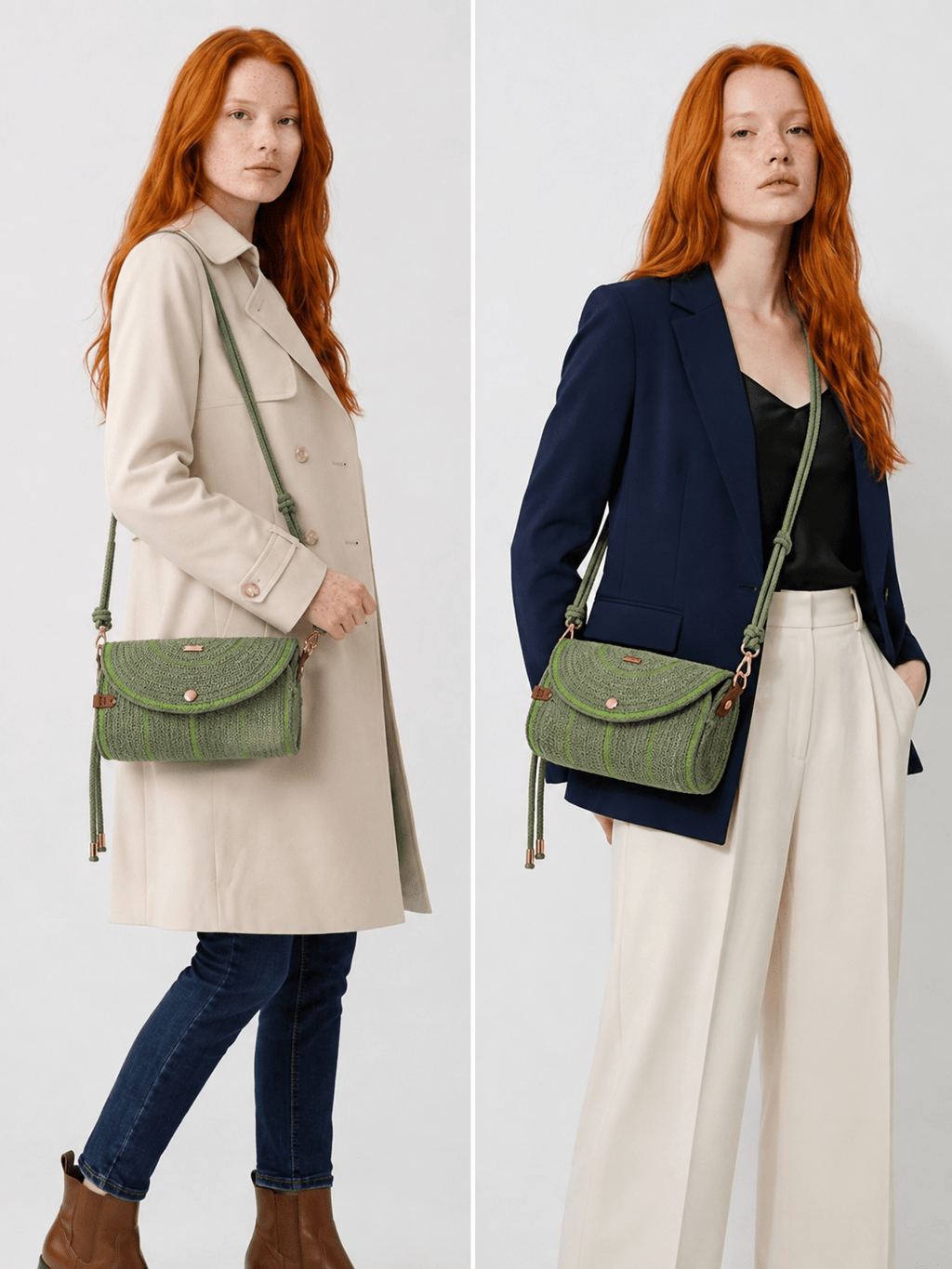 bolso aura verde llevado por mujeres, diseño hecho a mano con cuerda de algodón.