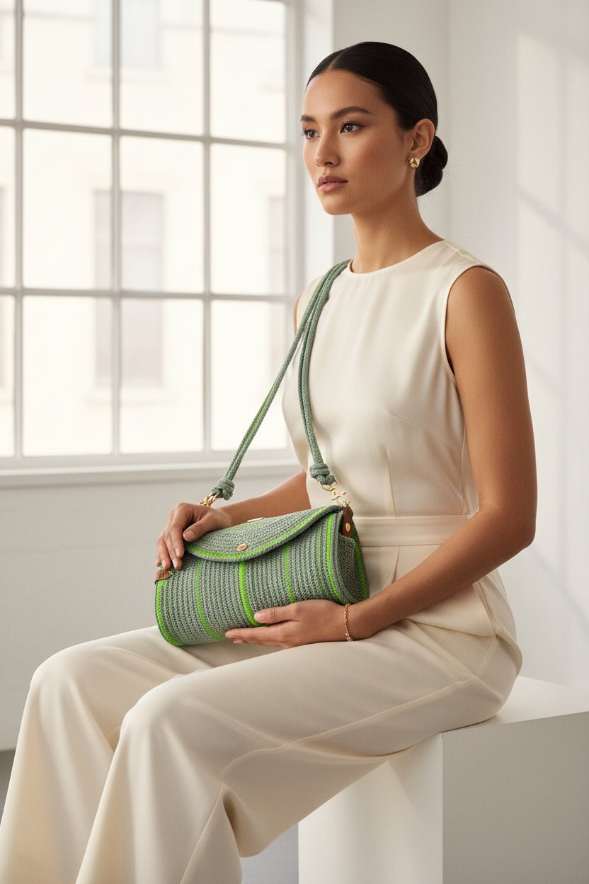 Aura Verde  Bolso artesanal hecho a mano - mujer sentada con el bolso verde detalles de cuerda de algodón y dorados