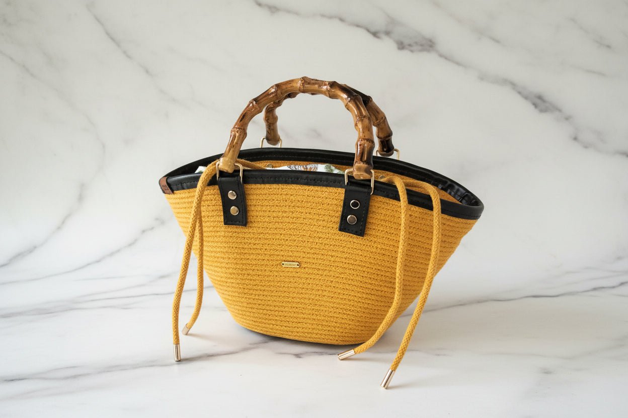  Parte frontal Bolso Ámbar | Bolso artesanal de cuerda de algodón con asas de bambú 