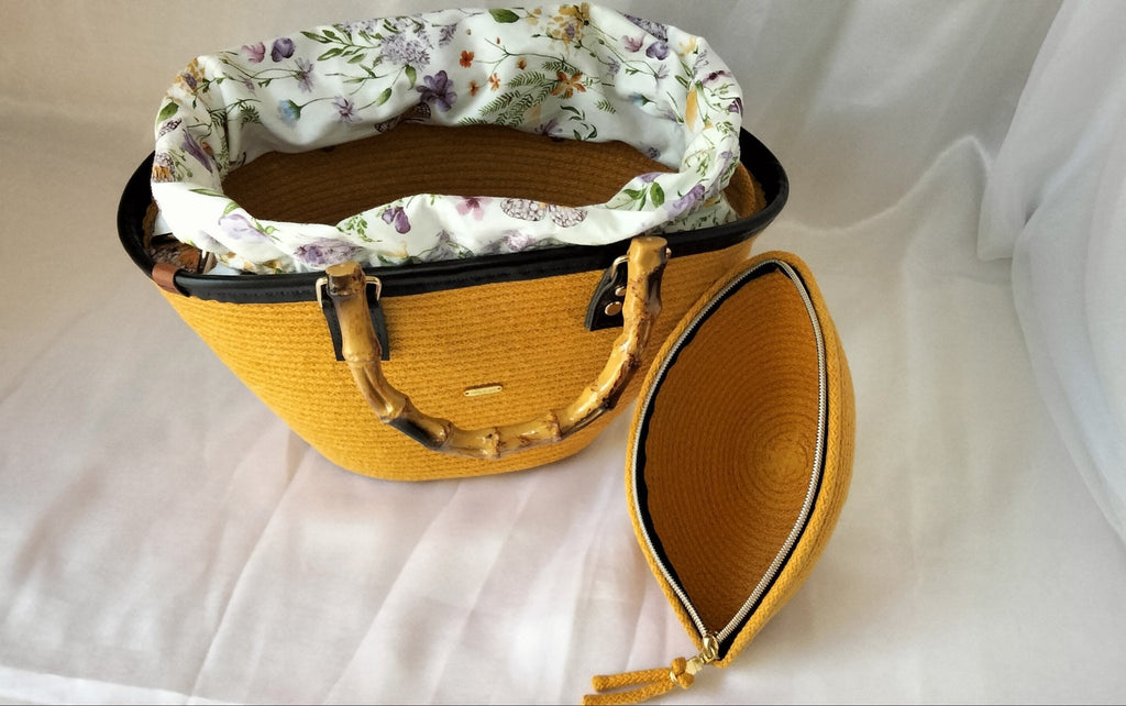 Bolso Ámbar | Bolso artesanal de cuerda de algodón con asas de bambú y neceser  juego.
