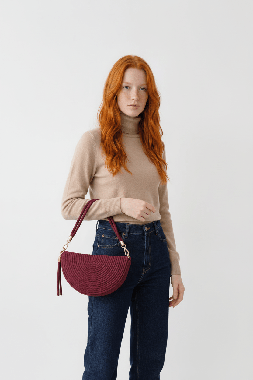 Mujer lleva un bolso artesanal hecho a mano color burdeos y asa trenzada y detalle dorado.