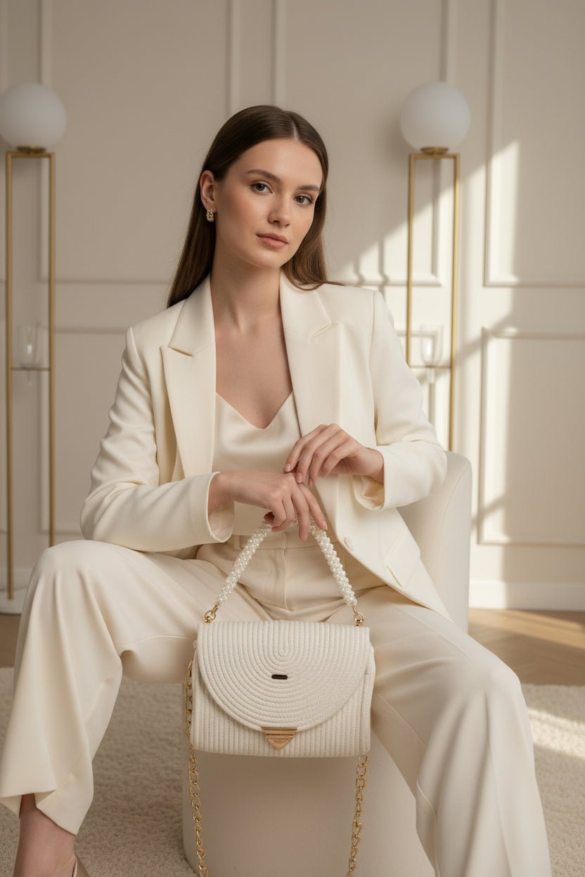 Clutch Media Luna Blanca con Cadena dorada - Garra de gata