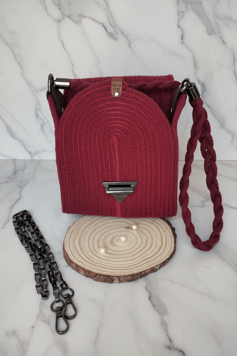Mini Bolso Rubí artezanal con cuerda de algodón correa trenzada y cadena metálica.