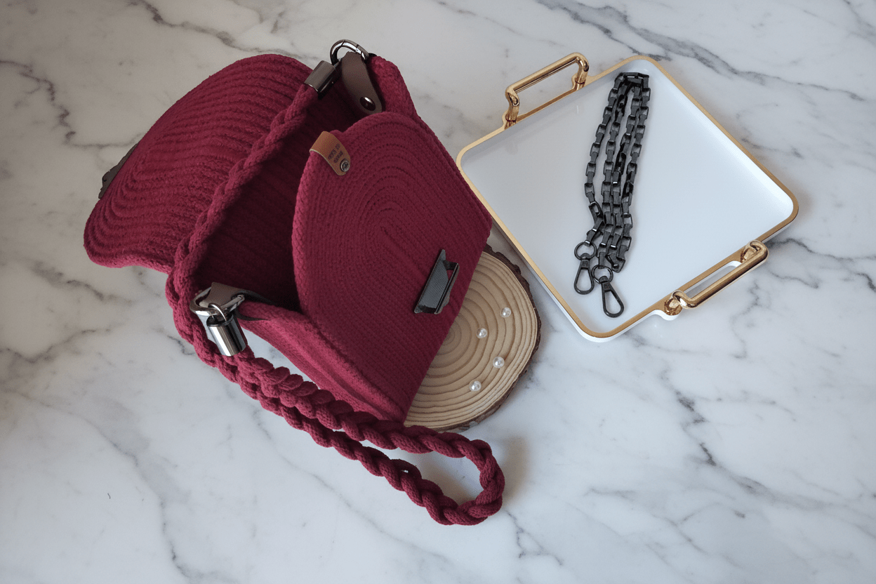 Mini Bolso Rubí artesanal abierto ensenando el interior, correa trenzada y cadena metálica.