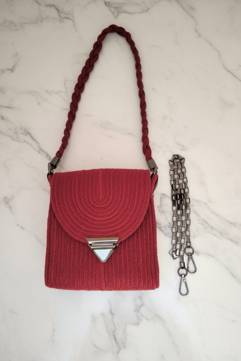 Mini Bolso Rubí cuerda de algodón trenzada y cadena metálica 