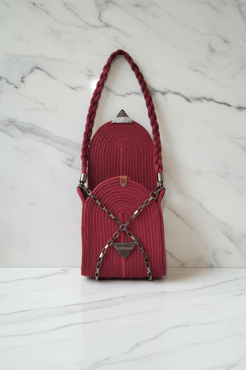 Mini Bolso Rubí - artesanal de cuerda visto de frente con la abertura cadena metálica y correa trenzada.