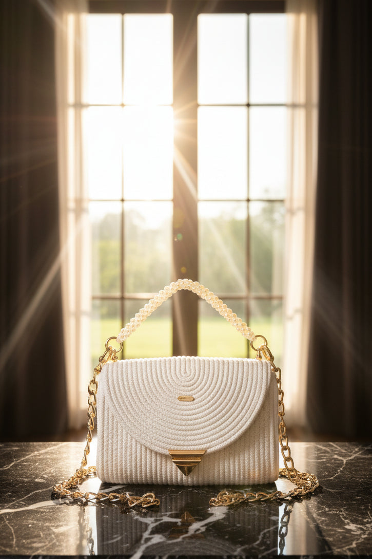 Clutch Média Luna perla cadena dourada